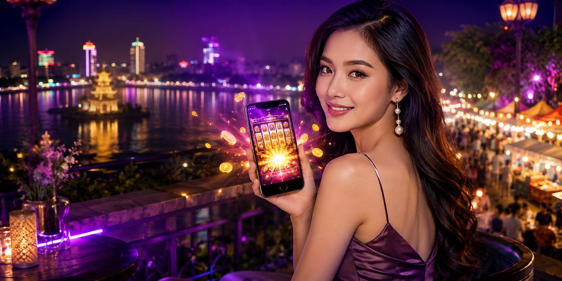 Người chơi slot game trên điện thoại tại khu chợ đêm Hà Nội với ánh đèn rực rỡ
