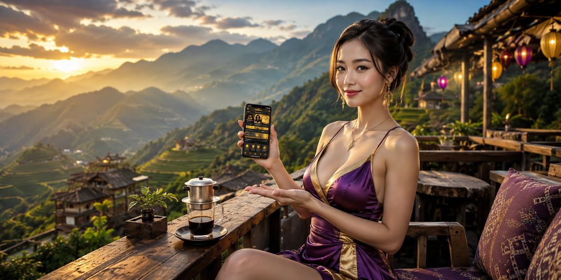 Người dùng đặt cược thể thao trên điện thoại tại quán cà phê vùng núi Sa Pa buổi sáng sương mù
